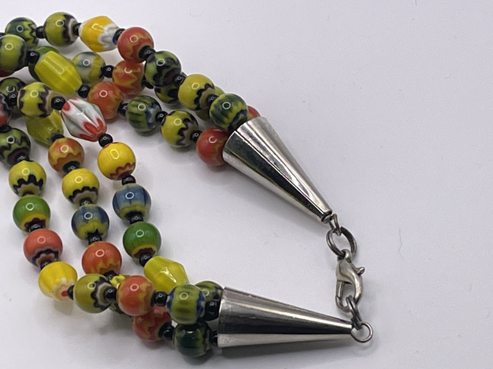 Vintage Glass Chevron Beads Three Strands Multicolor Silver Tone 19 3/4″