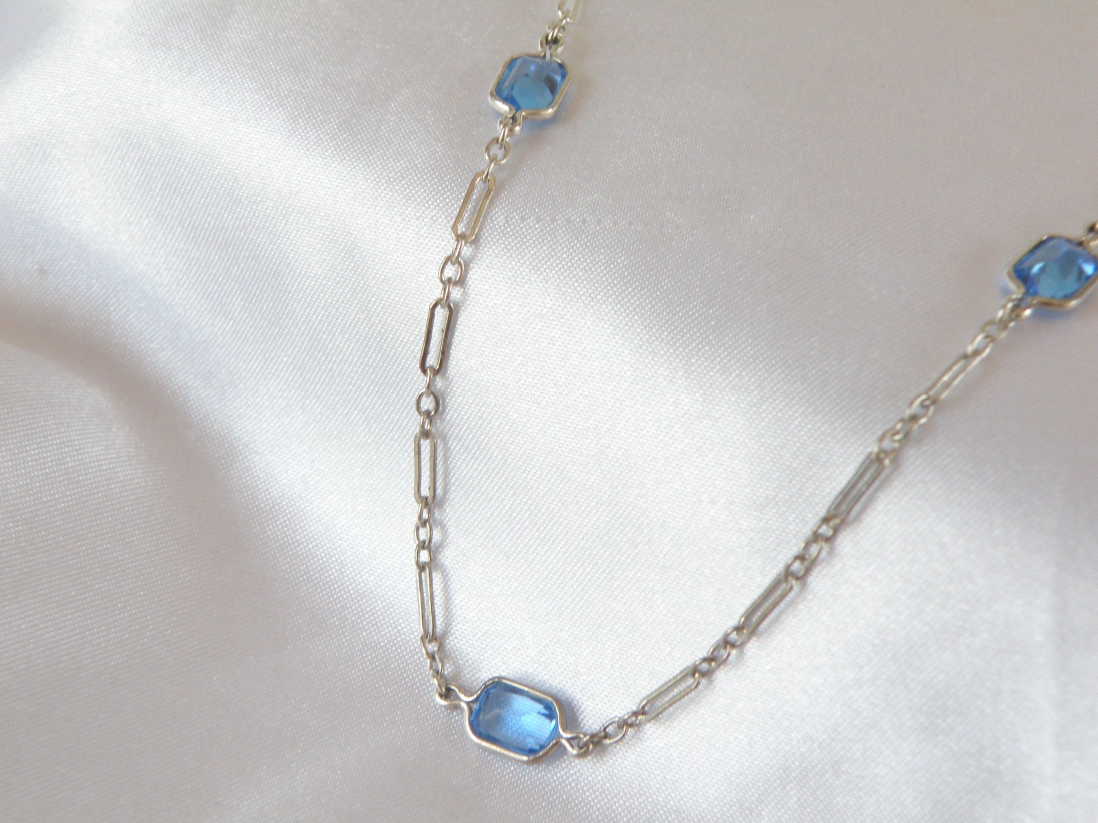 Antique Sterling Silver 925 Blue Gemstone Station Vintage Paperclip Necklace 25″