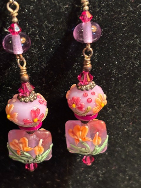 Vintage Artisan Boho Lampwork Glass Floral Dangle Pink And Green Earrings