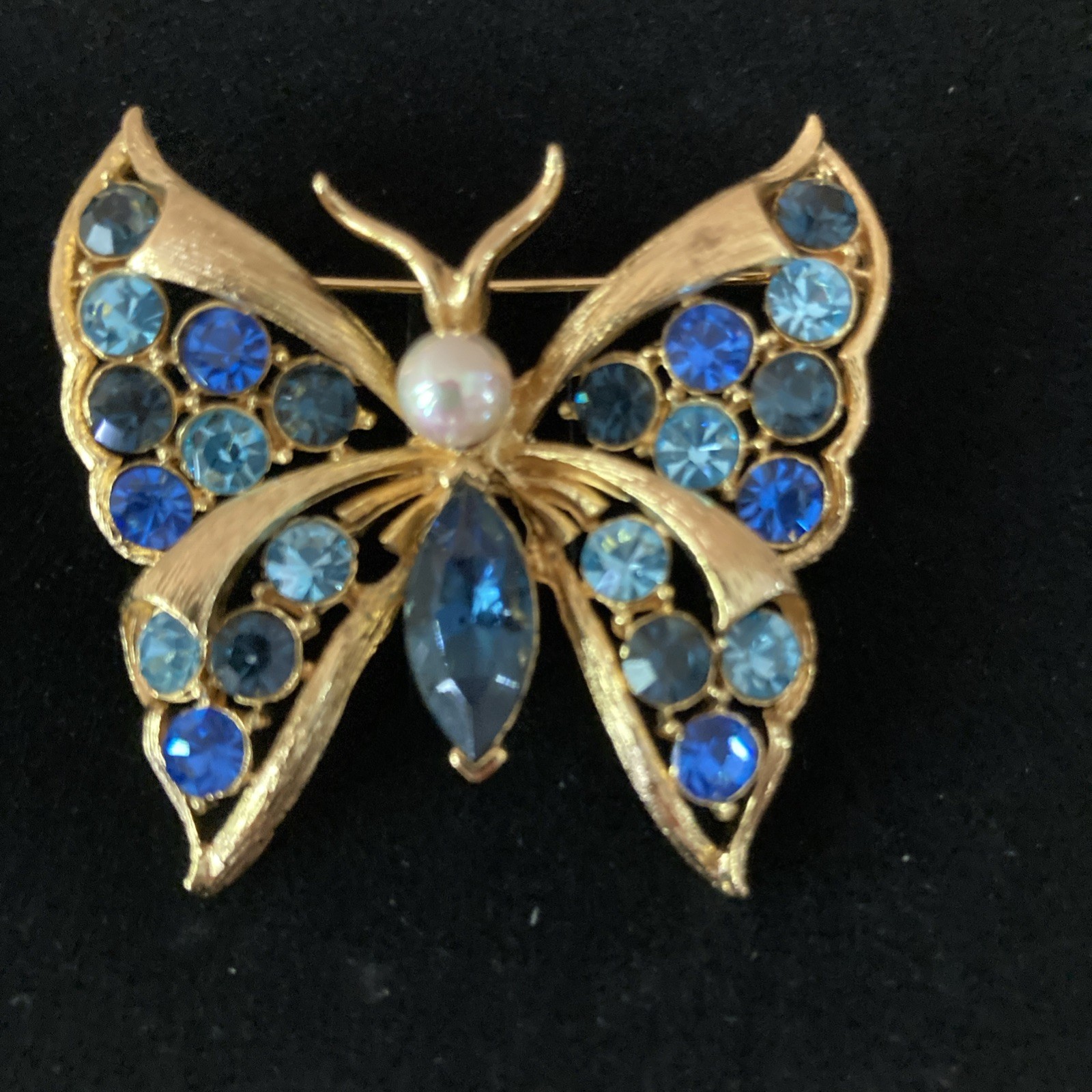 Butterfly Brooch Rhinestone Blue Gold Tone Vintage Lia Signed Bug Pin
