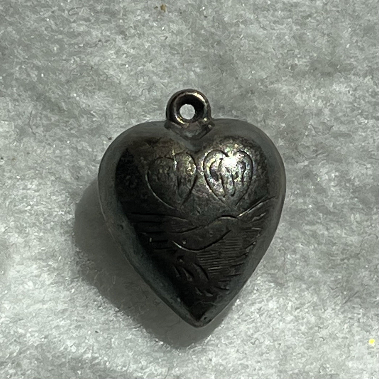 Vintage Heart-Shaped .925 Silver Puff Etched Pendant Charm Whimsical Love