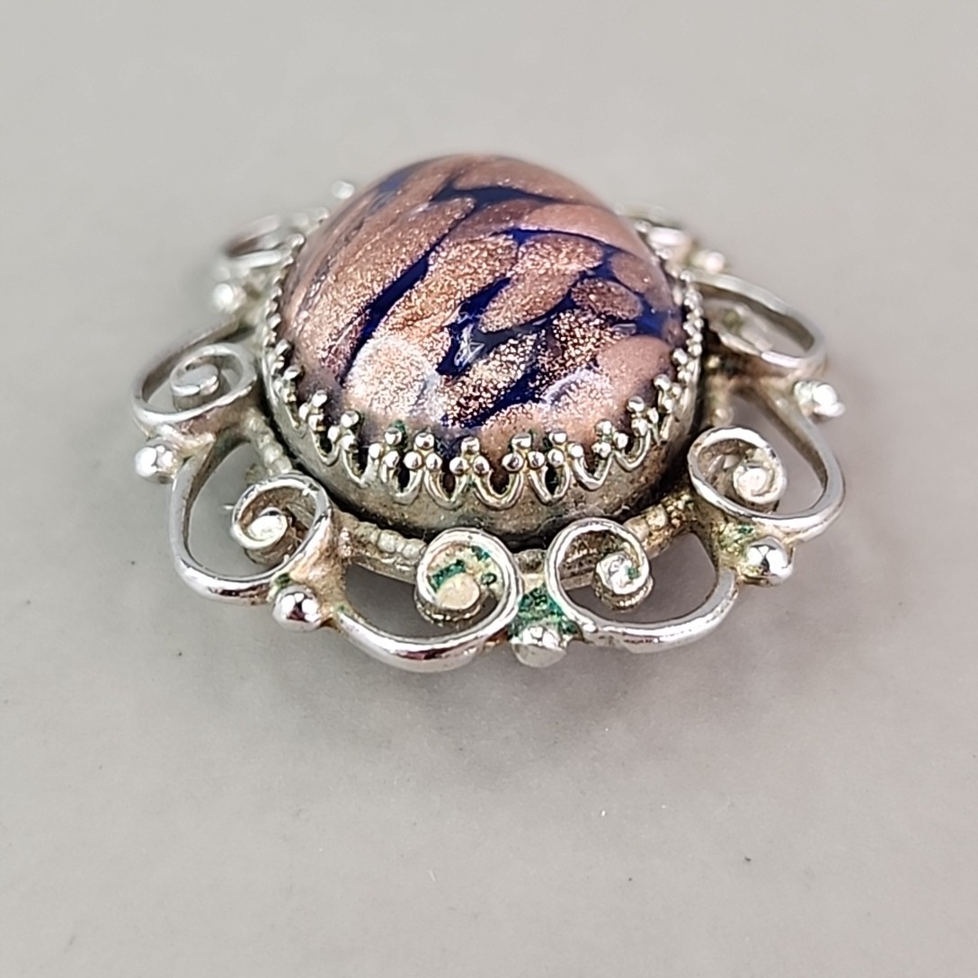 Vintage Foiled Glass Cabochon Brooch Aventurine Glittered Blue Undertone 1.5″