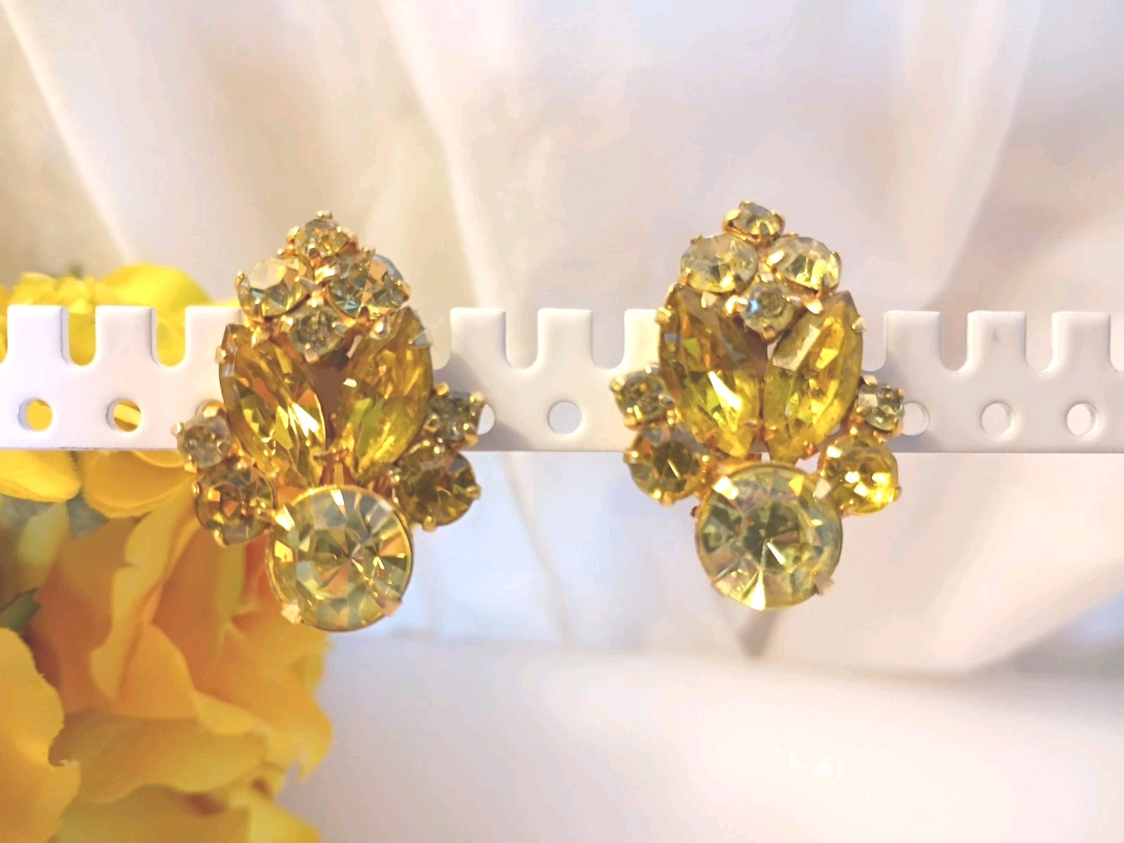 La Roco Rhinestone Vintage Clip Earrings Yellow w Gold Filled Metal