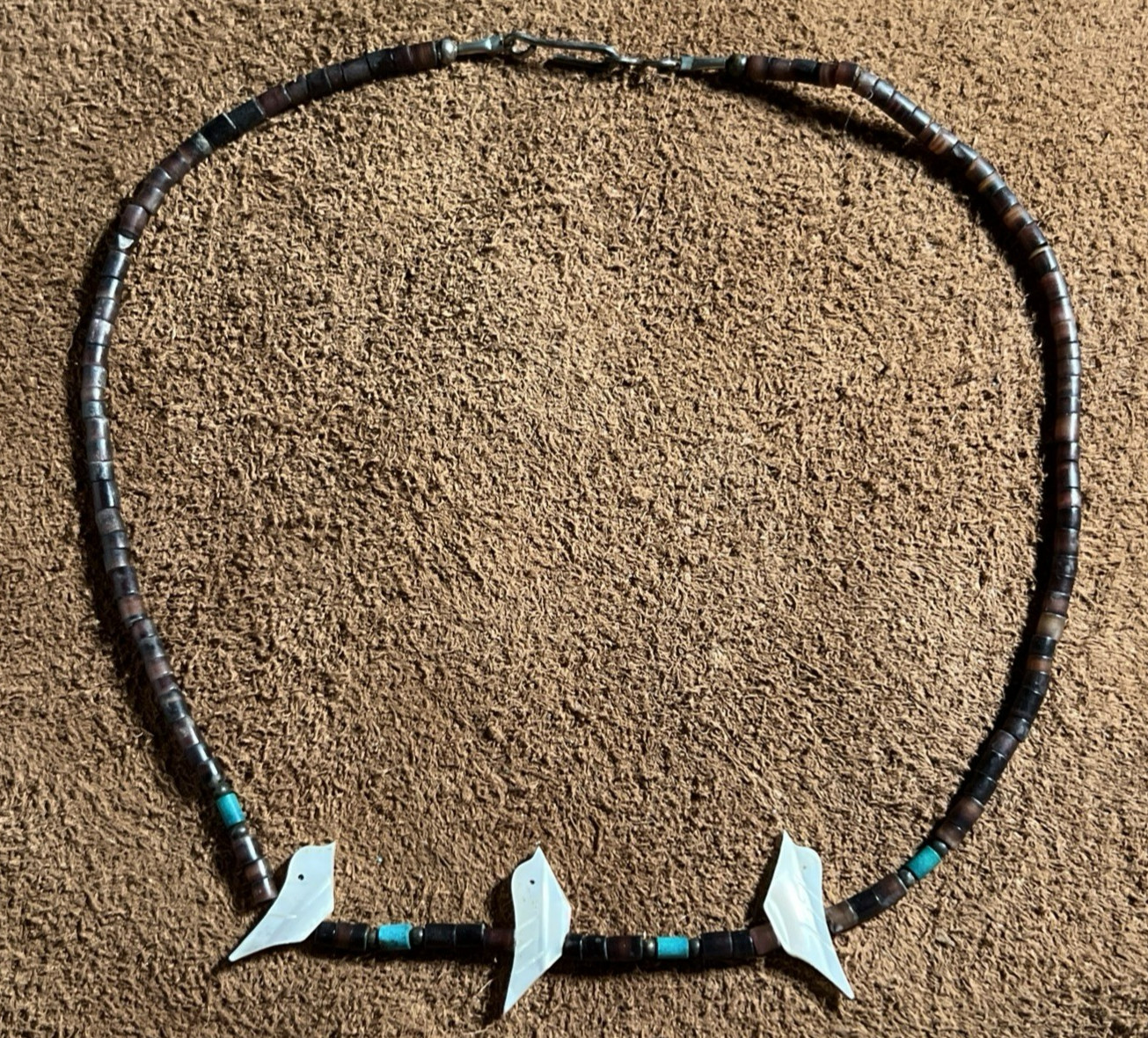 Native American Choker Necklace ~ MOP Bird Fetish Heishi Turquoise ~ 15.5” 7.6g