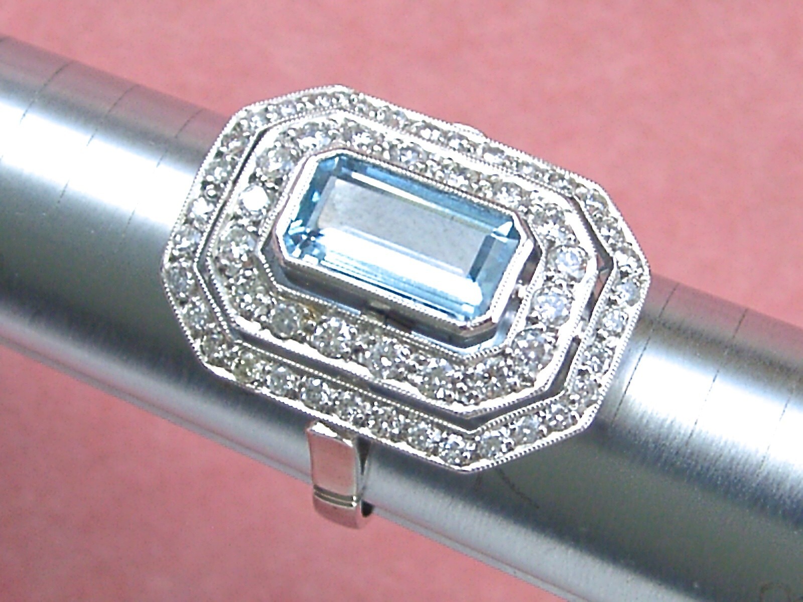 ESTATE DECO 1.55ct AQUAMARINE 1ctw OLD DIAMOND PLATINUM COCKTAIL RIGHT-HAND RING
