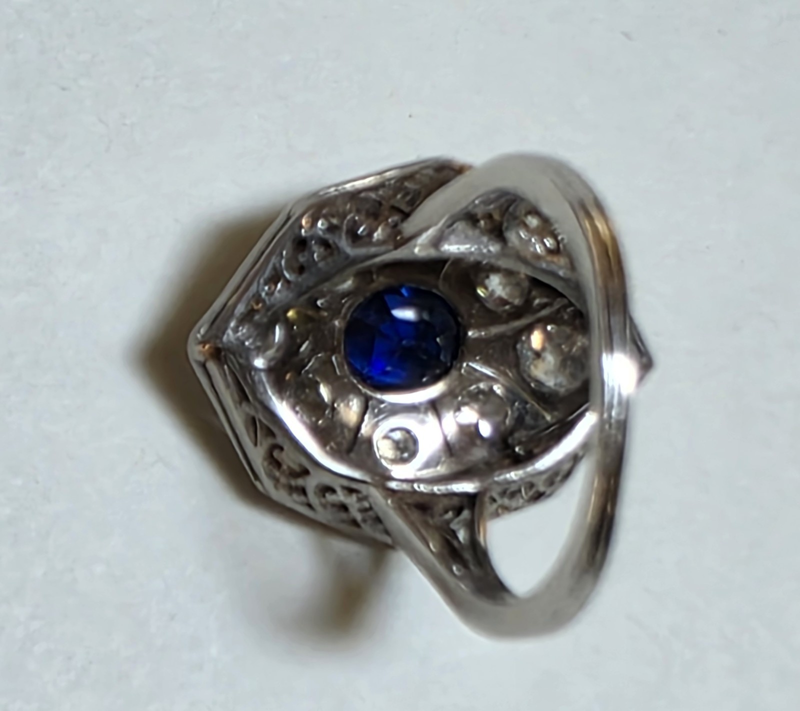 Antique Platinum Old European And Mine Cut Diamonds Blue Synthetic Sapphire Ring