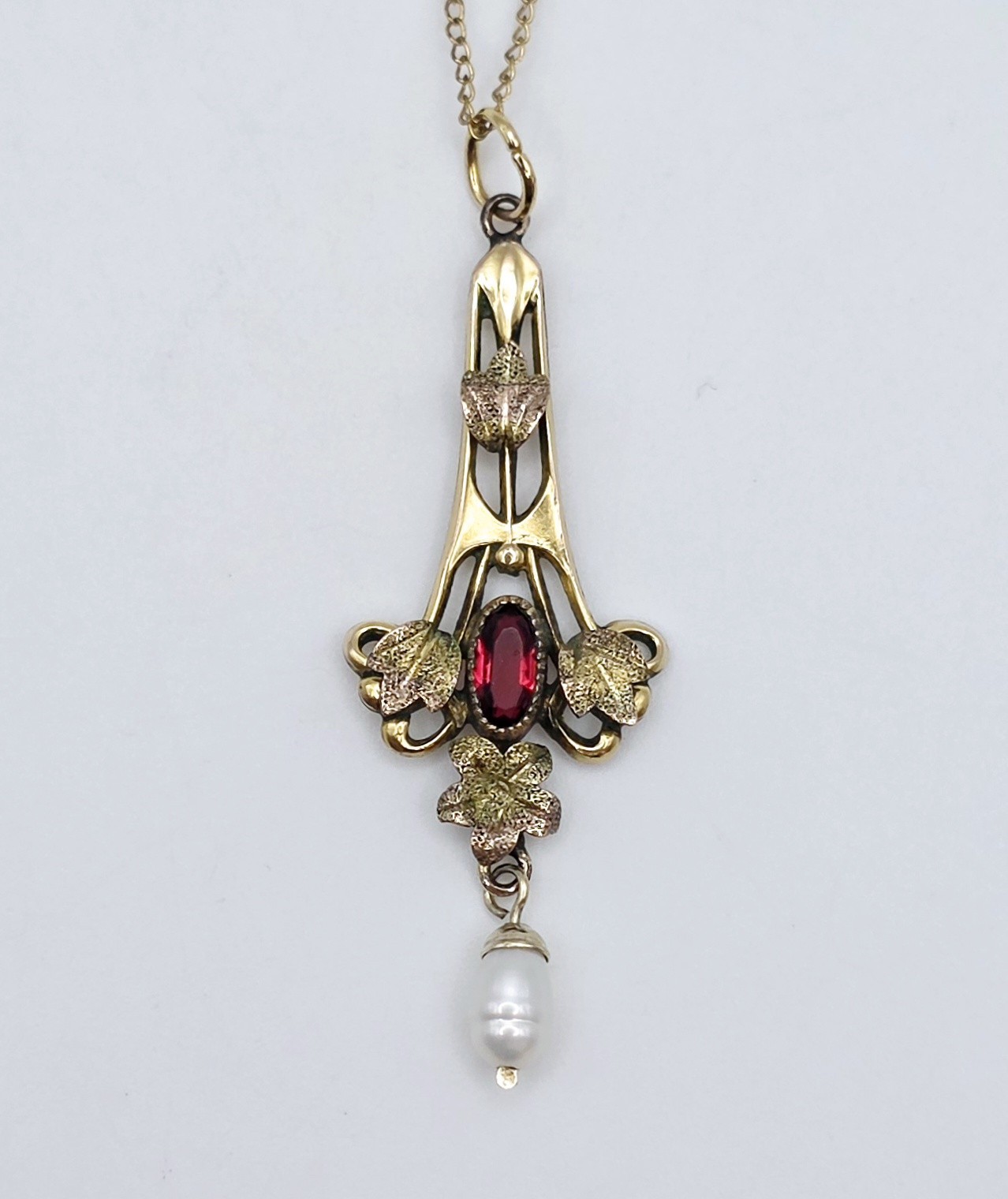 Antique Art Nouveau Lavalier Pendant Necklace Gold Filled Red Stone Pearl