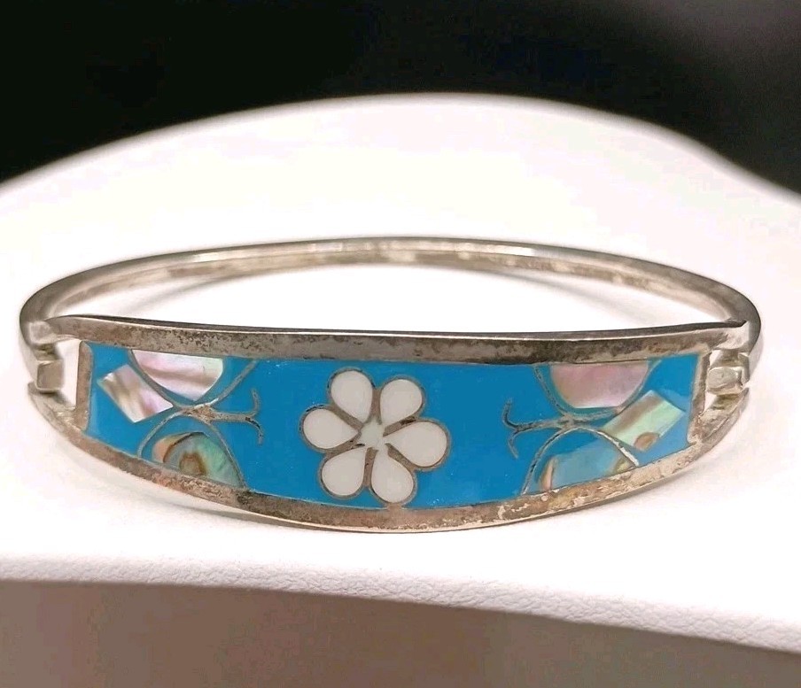 Alpaca Mexico Silver Cuff Bracelet Turquoise Abalone Inlay Butterfly Size 6.75″