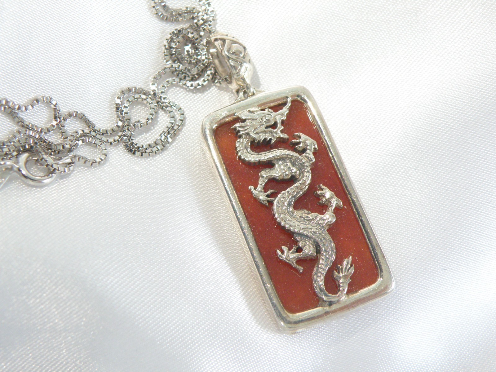 Vintage Sterling Silver 925 Red Jade Asian Dragon Pendant Necklace