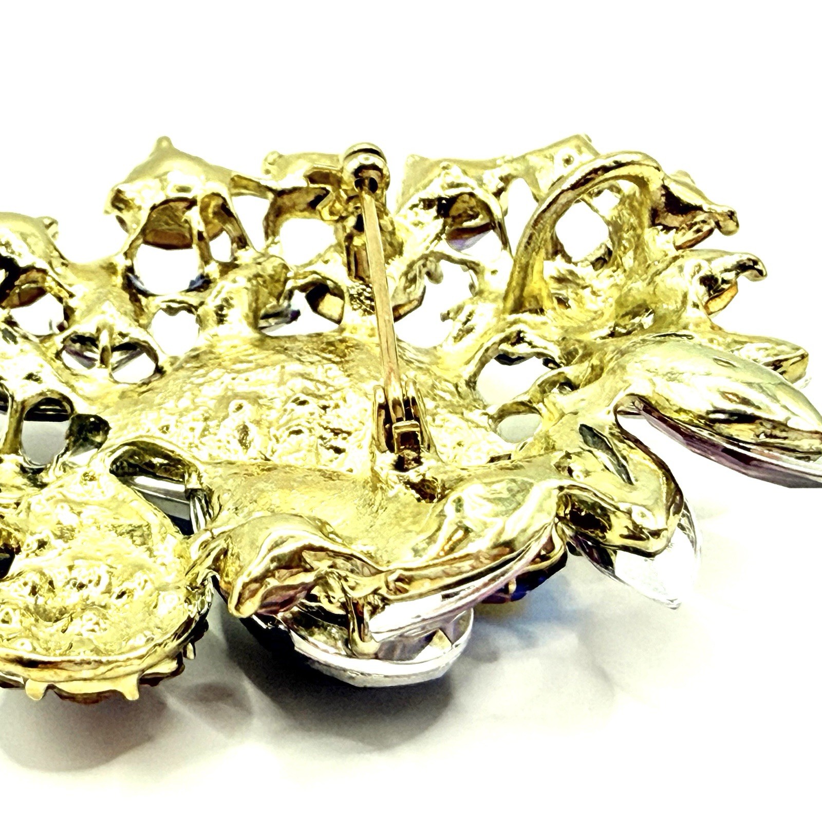 Modern Goldtone Brooch Pendant LG Purple Pink AB Rhinestone Bouquet Teardrop Z