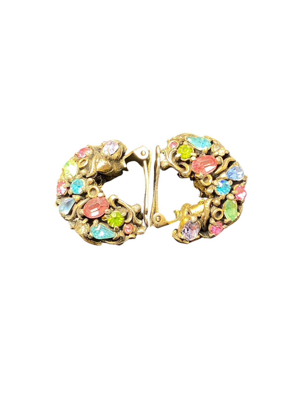 Vintage Hollycraft Multi Color Rhinestone Earrings Clip-on Silver tone Pastels