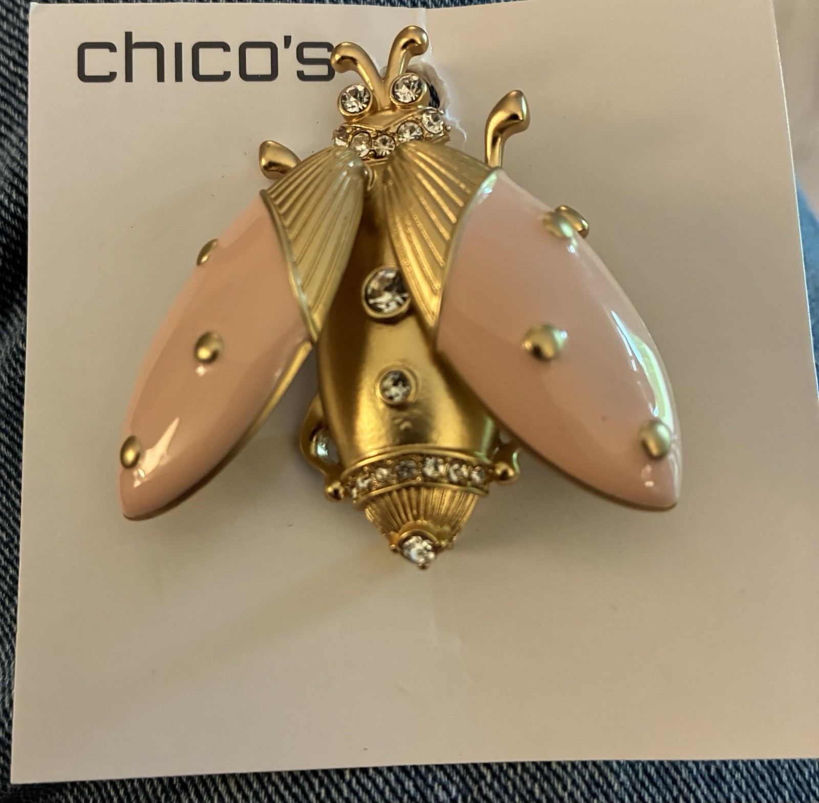Chico’s Pink Gold Bug Brooch Pin Rhinestones NWT New