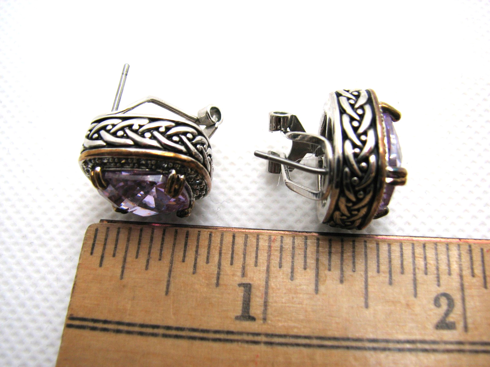 Vintage Brilliant Cushion Cut Amethyst CZ Halo Pierced Earrings Two-Tone Metal