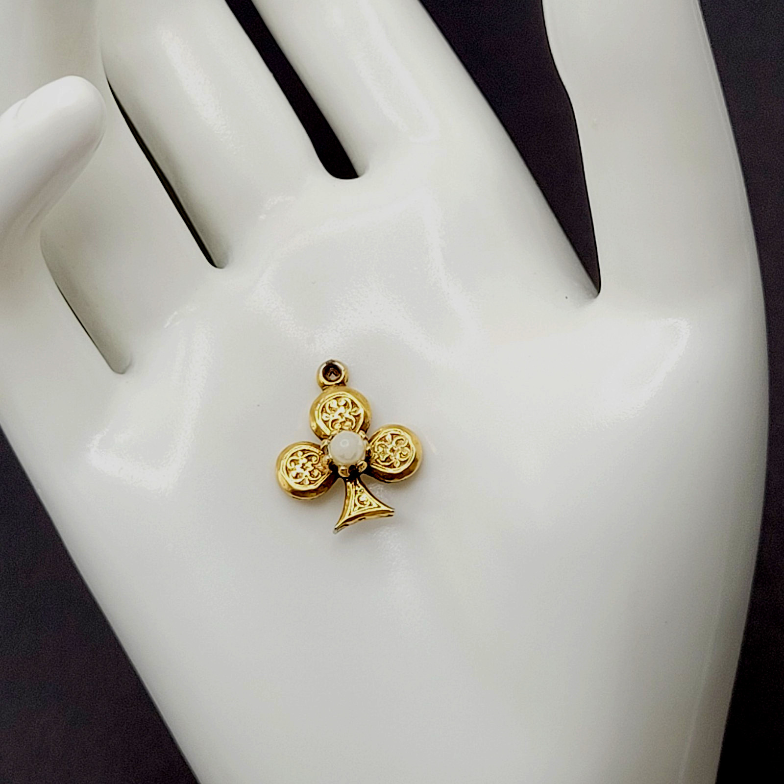 Clover Trefoil Shape Baroque Revival Vintage Gold Tone Faux Pearl Charm Pendant