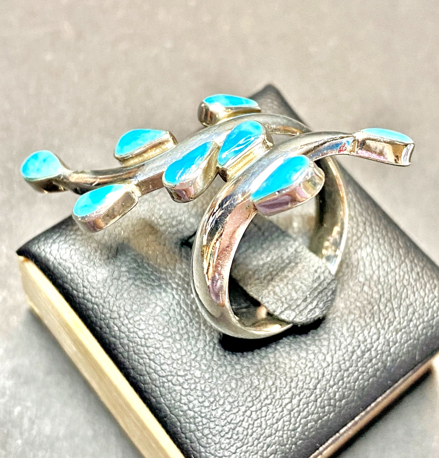 Vintage Sterling Silver Turquoise Dominique Dinouart Bypass Ring Size 8 1/2