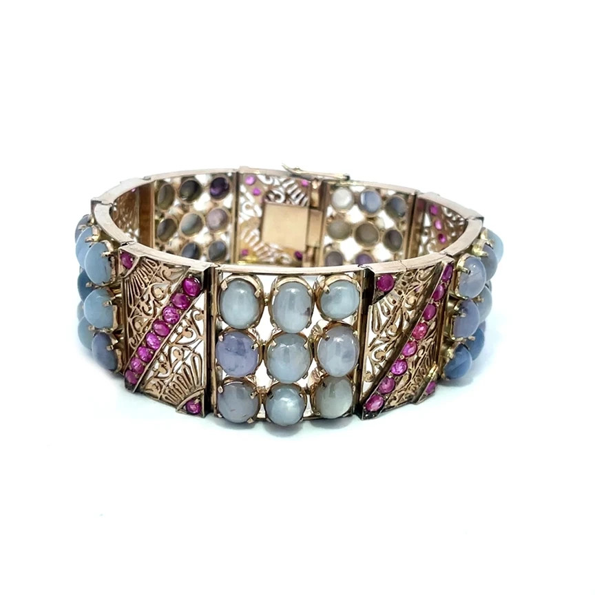 Ruby Star Sapphire Gold Bracelet 8k Art Deco White Filigree Rectangle Links