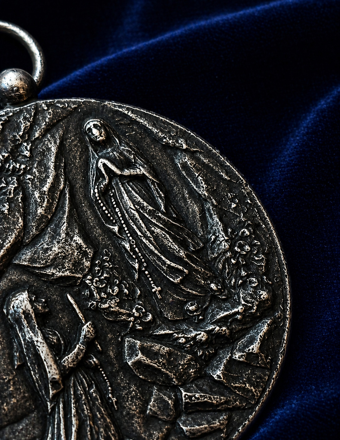 Large Antique Solid Silver Religious Medal Virgin Mary Angel Scene 19thC French