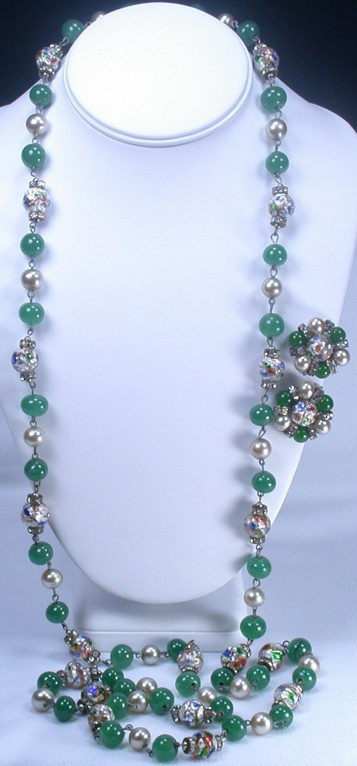 Vintage German Foil Glass Bead Necklace & Earrings Set