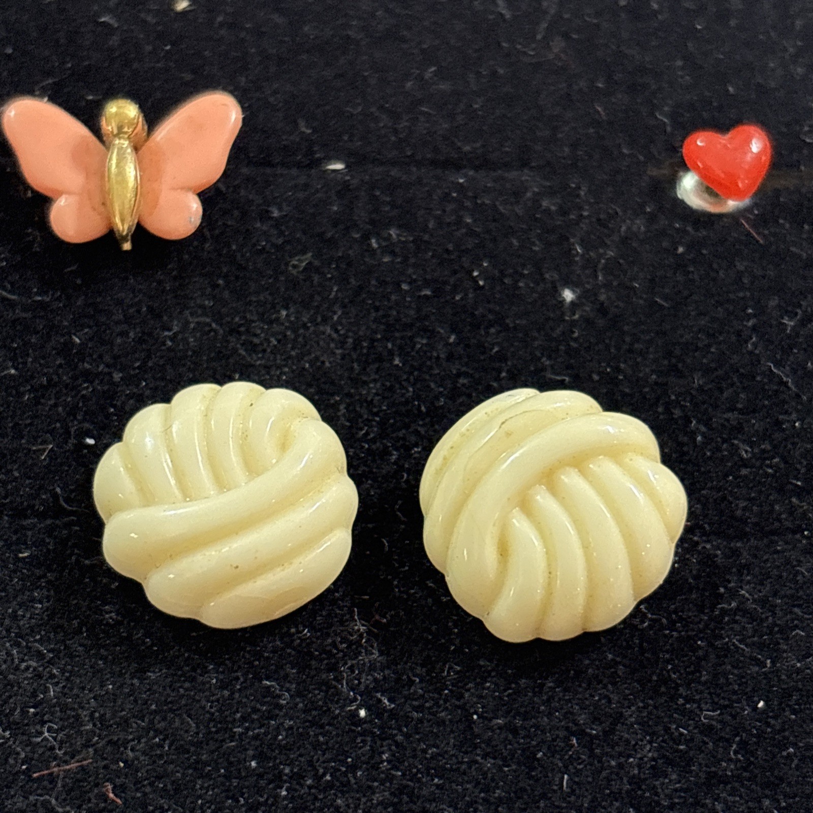 3 Pairs Vintage 1970s Lucite/metal Earrings Butterflies, Hearts, Knots, Avon?