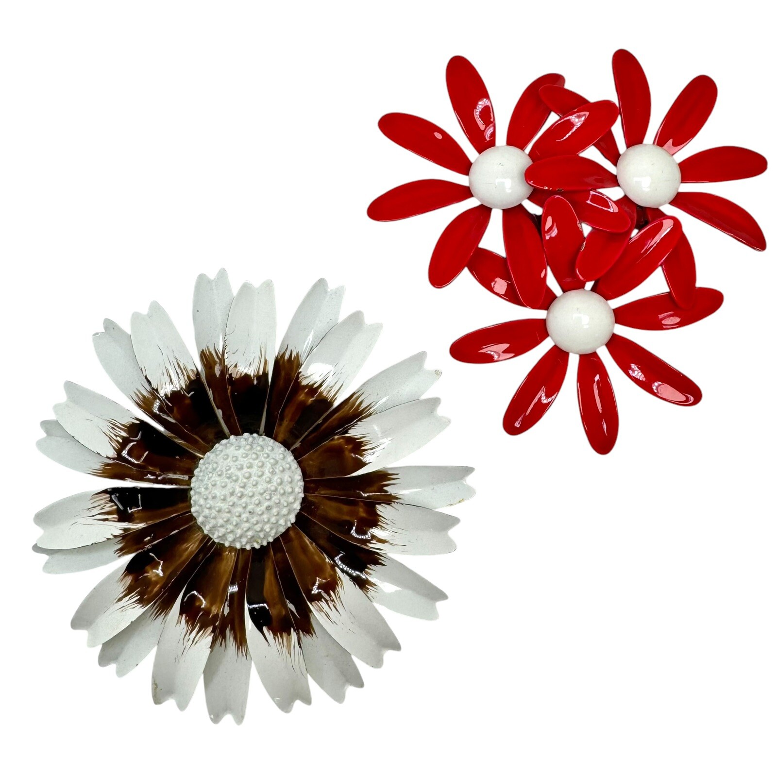 Vtg Metal Enamel Daisy Flower Brooch Pins White Brown and Triple Red White