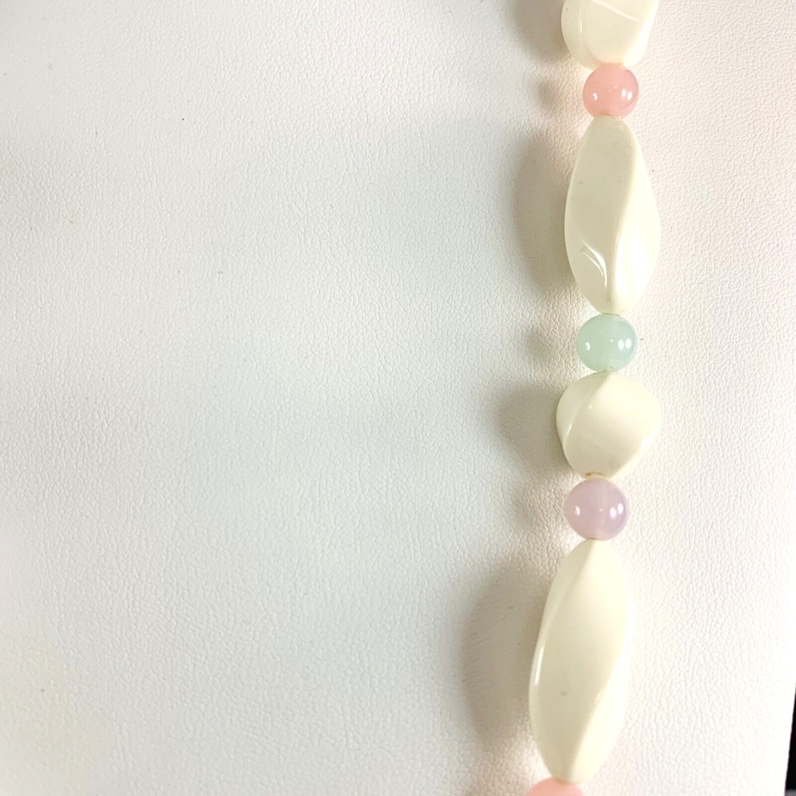 Vintage Twisted Off White & Pastel Pink Green Purple Beaded Necklace 28″