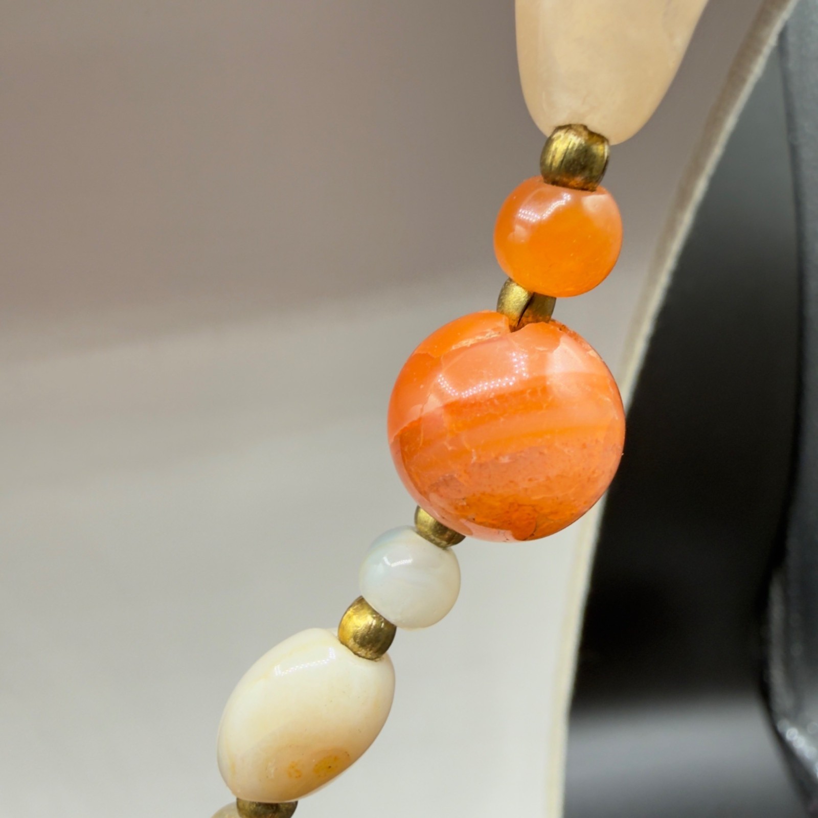 Vintage Beggars Bead Necklace Polished Stone Fall Colors Opera Length 32″