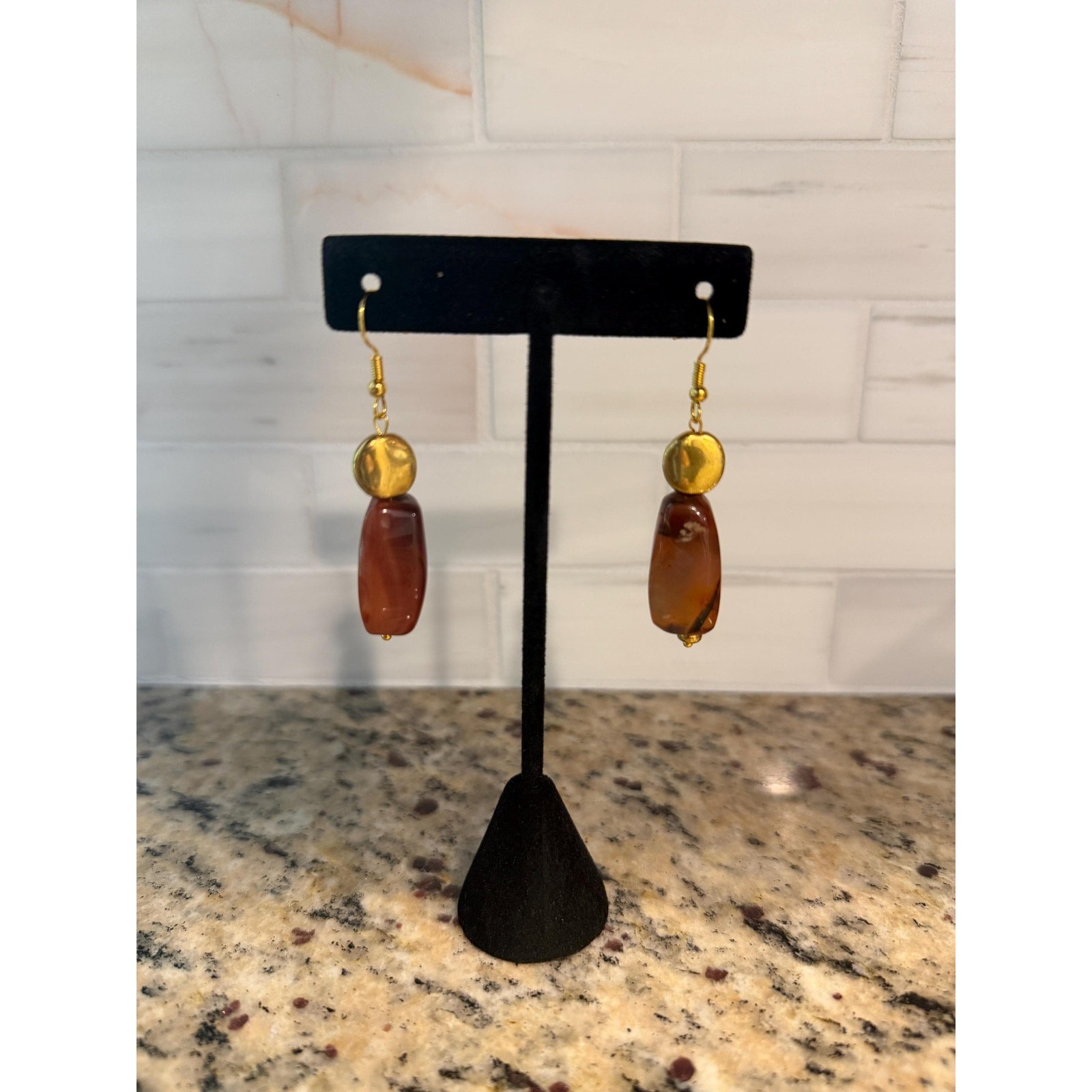 Agate Drop Earrings • Gold-Tone Natural Stone Jewelry • Boho Earthy Style