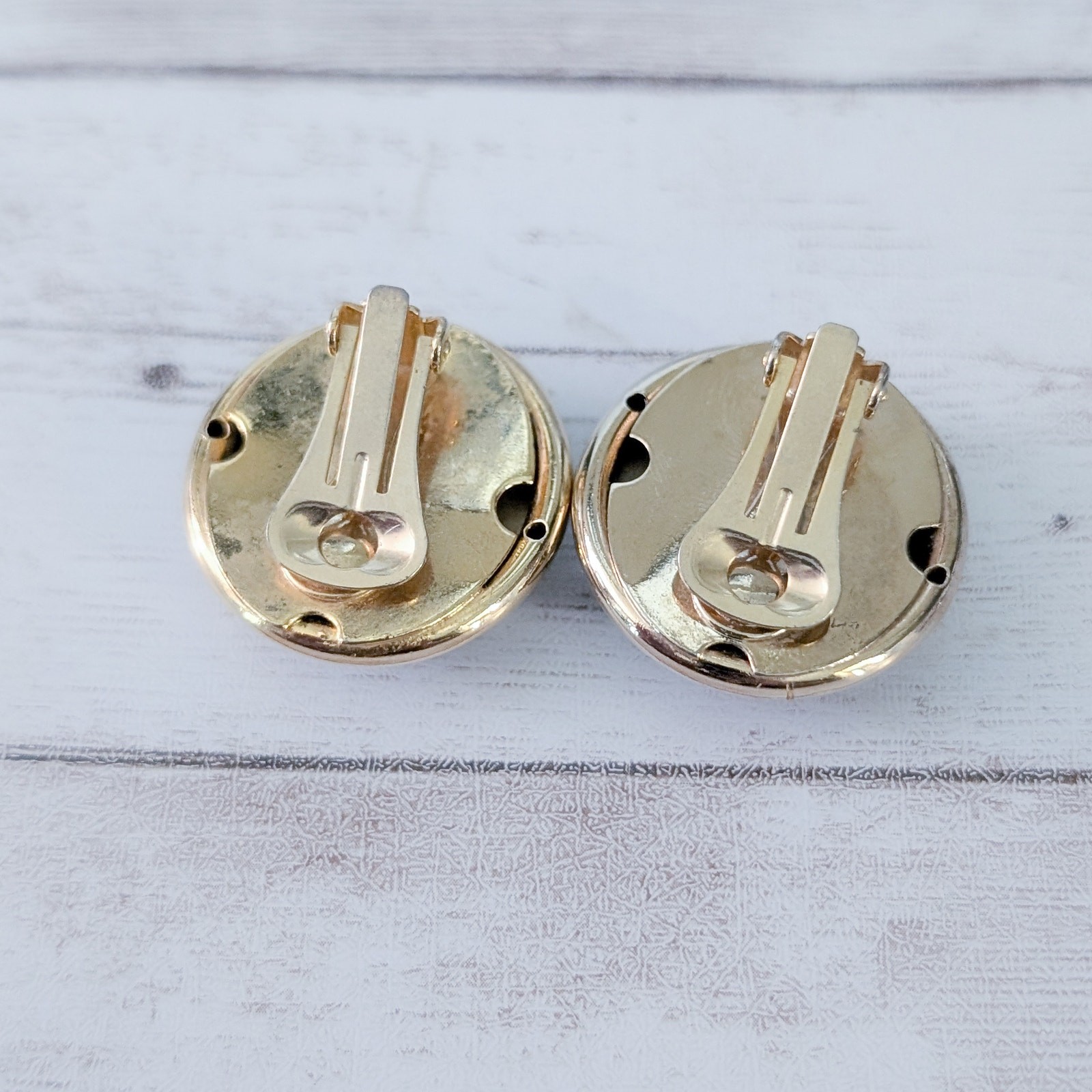Vintage Clip On Earrings Large Shiny Brown with Gold Tone Halo 1 & 1/8″