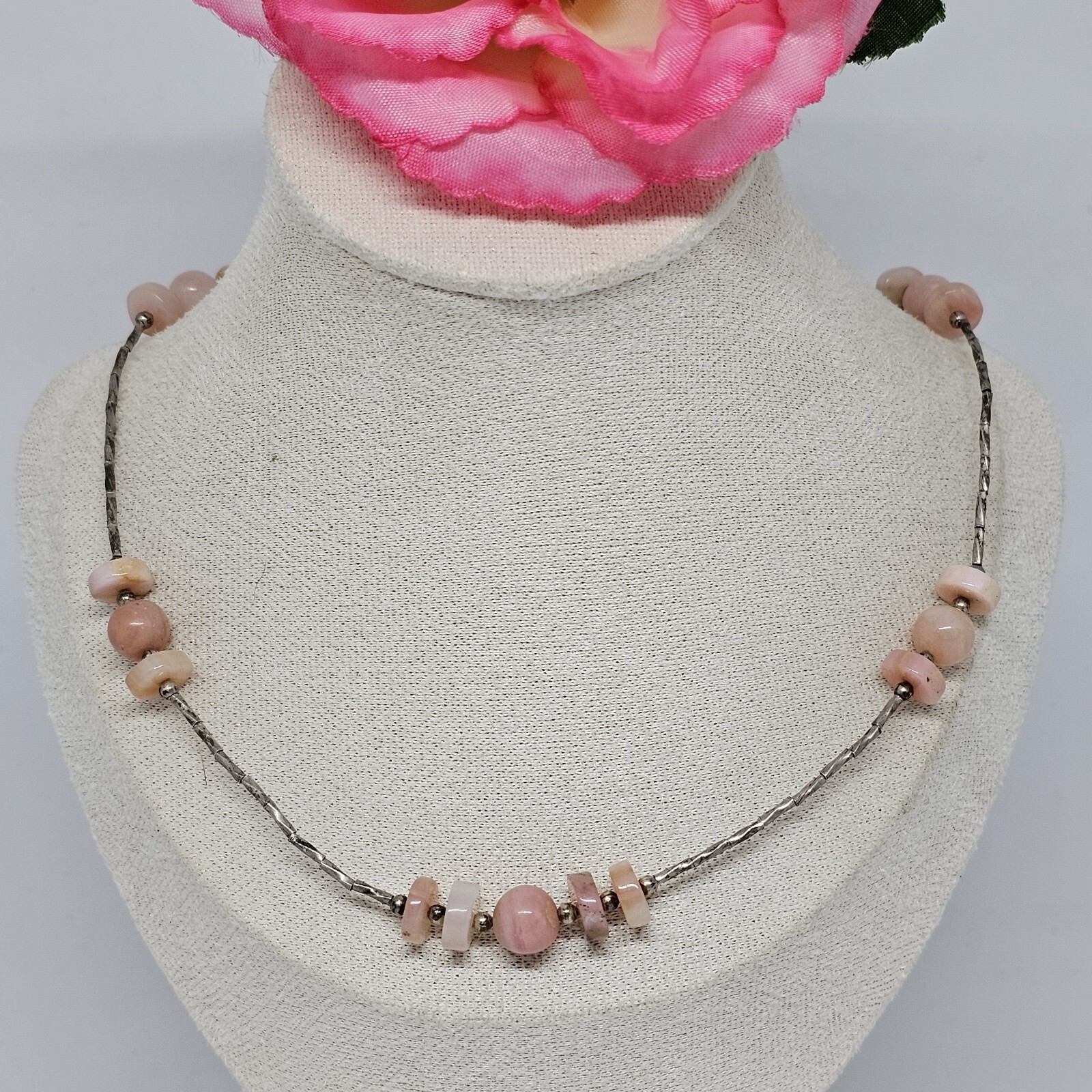 925 Sterling Silver – Round Pink Agate Beaded Chain Choker Necklace 16.5″ Long