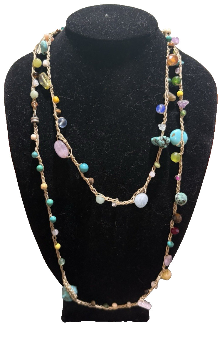 VTG HANDMADE BOHEMIAN STYLE HEMP CORD NECKLACE WITH NATURAL GEMSTONES 40″