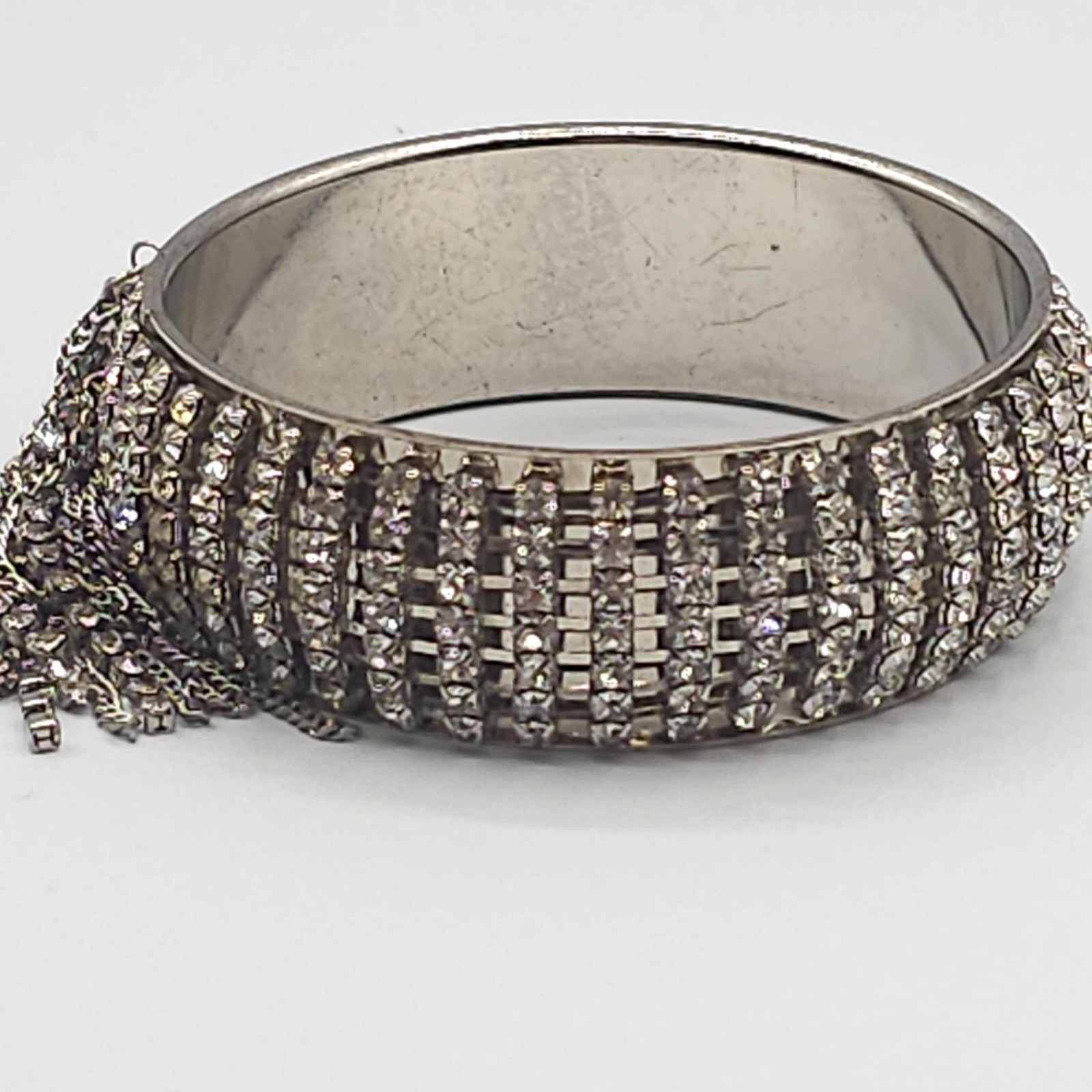 Rhinestone Tassel Chunky Statement Bangle Bracelet Glam Wedding Bridal