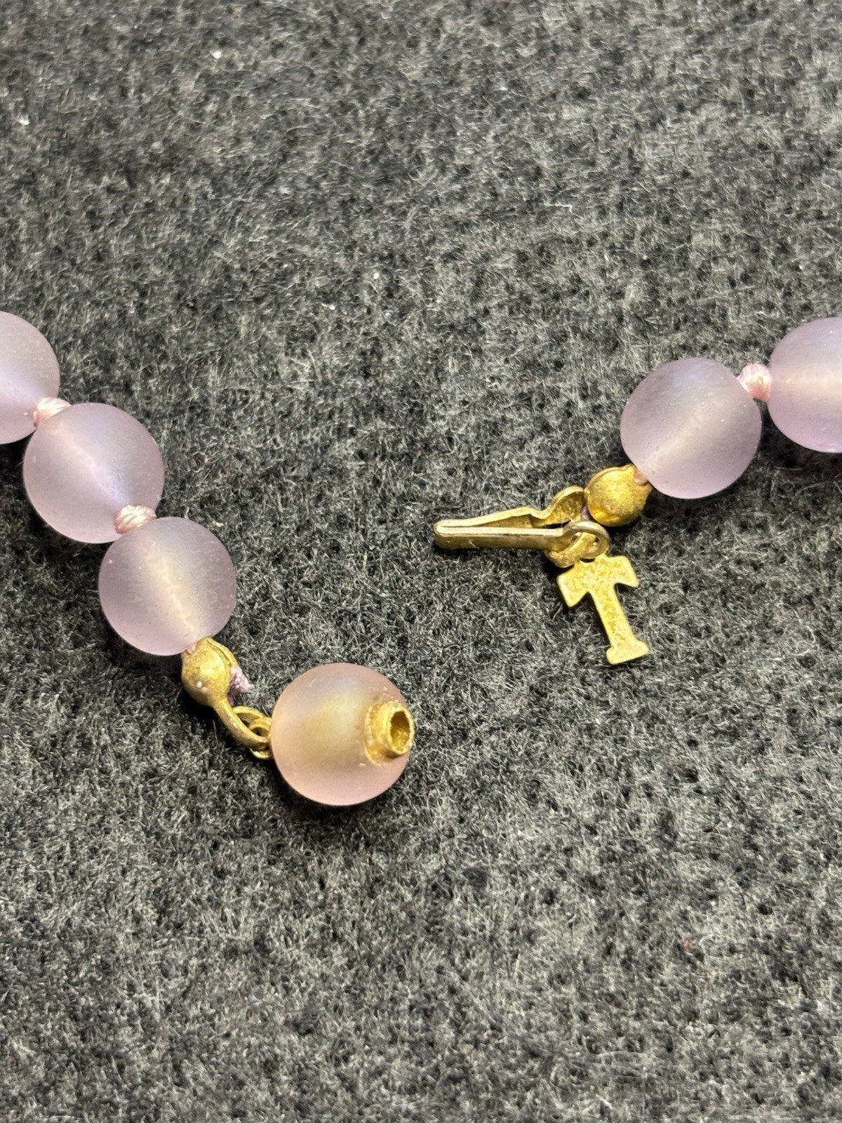 Vintage Lilac Beaded Necklace Gold Tone Push Beaded Clasp & Cross Hand Knotted