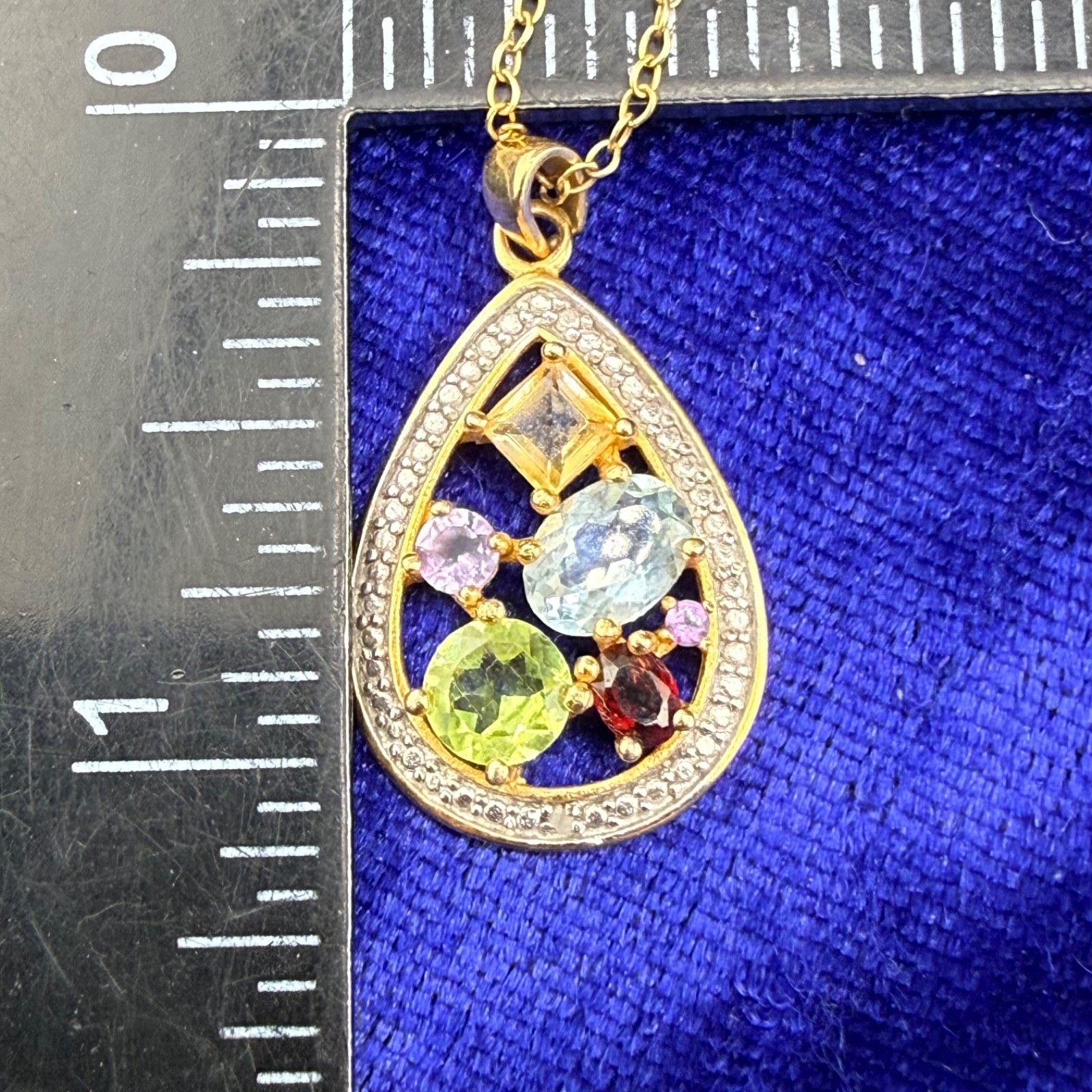 Vintage Sterling Silver Necklace Rhinestone Teardrop Pendant Signed DBJ 19”