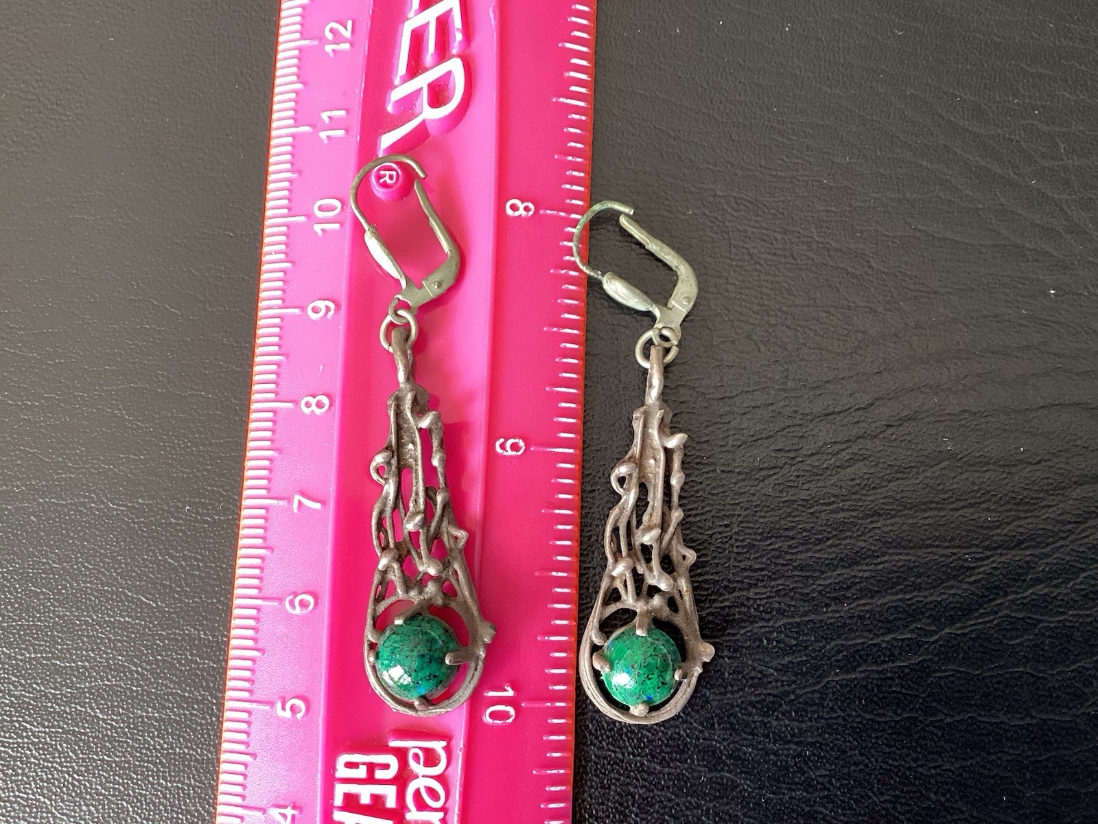 Vintage Ges Gesch West Germany Silver Green Stone Dangle Earrings