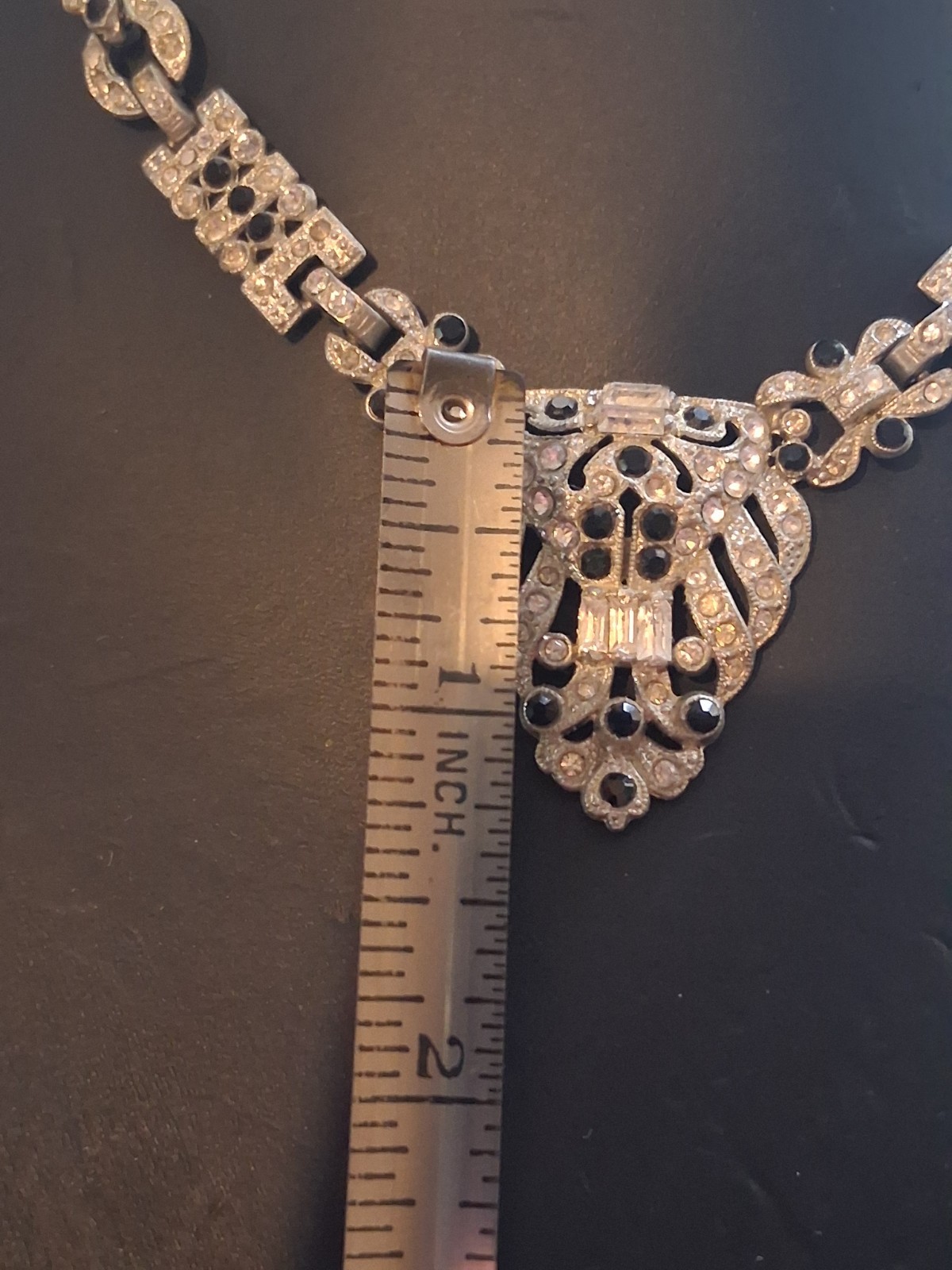 Art deco pot metal geometric style necklace w/black & clear stones