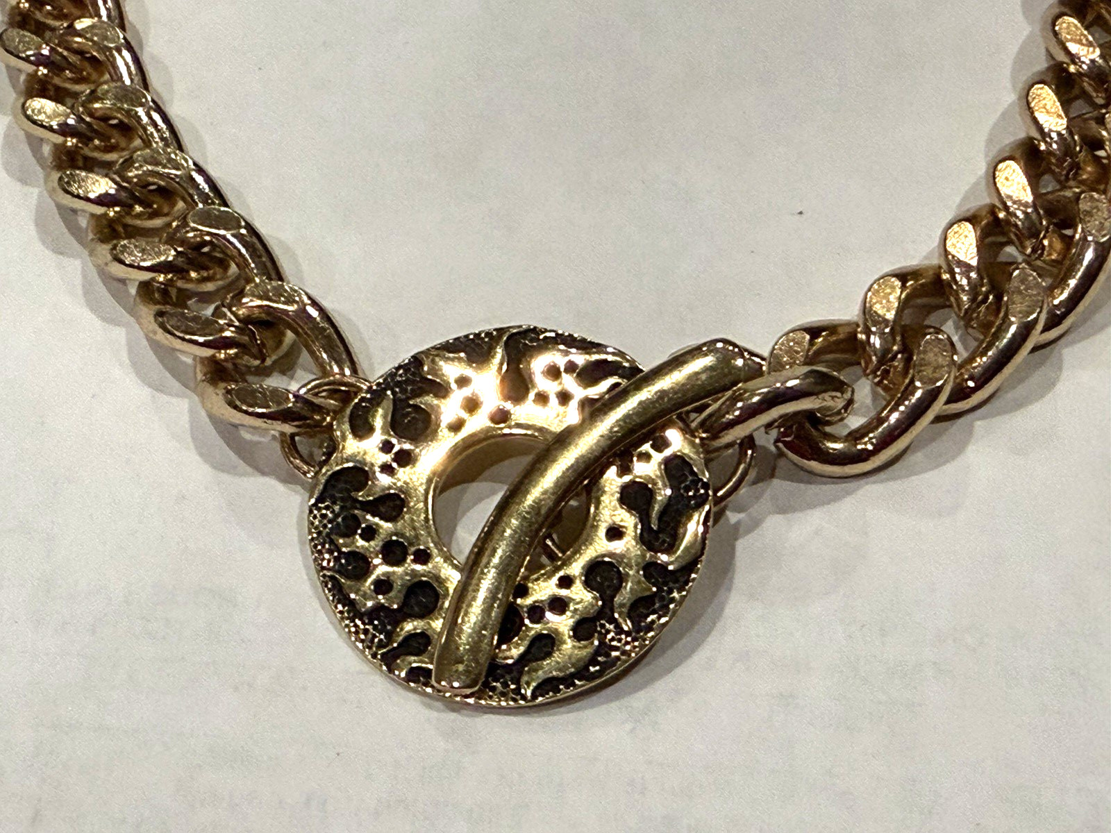 SAKI BRONZE CHUNKY Gold CUBAN LINK 17″ Necklace TOGGLE MODERNIST BRUTALIST EUC