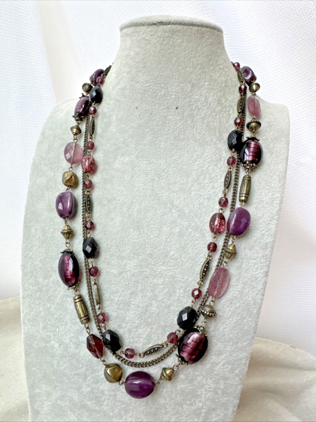 Plum Layer Victorian Revival chain Necklace Metal Jewelry Goth Glass Ceramic