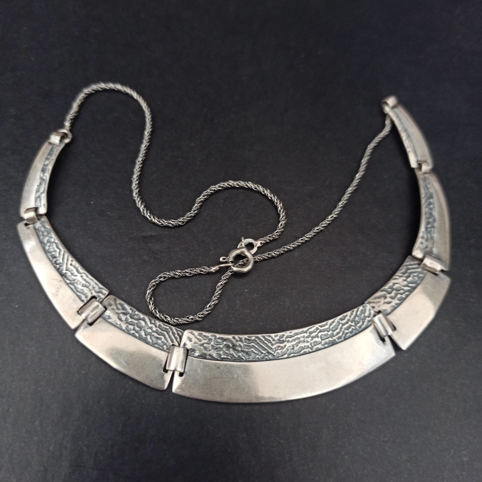 VTG Silver Artisan Necklace Modernist Articulated Links Textured Bib 90s Gift