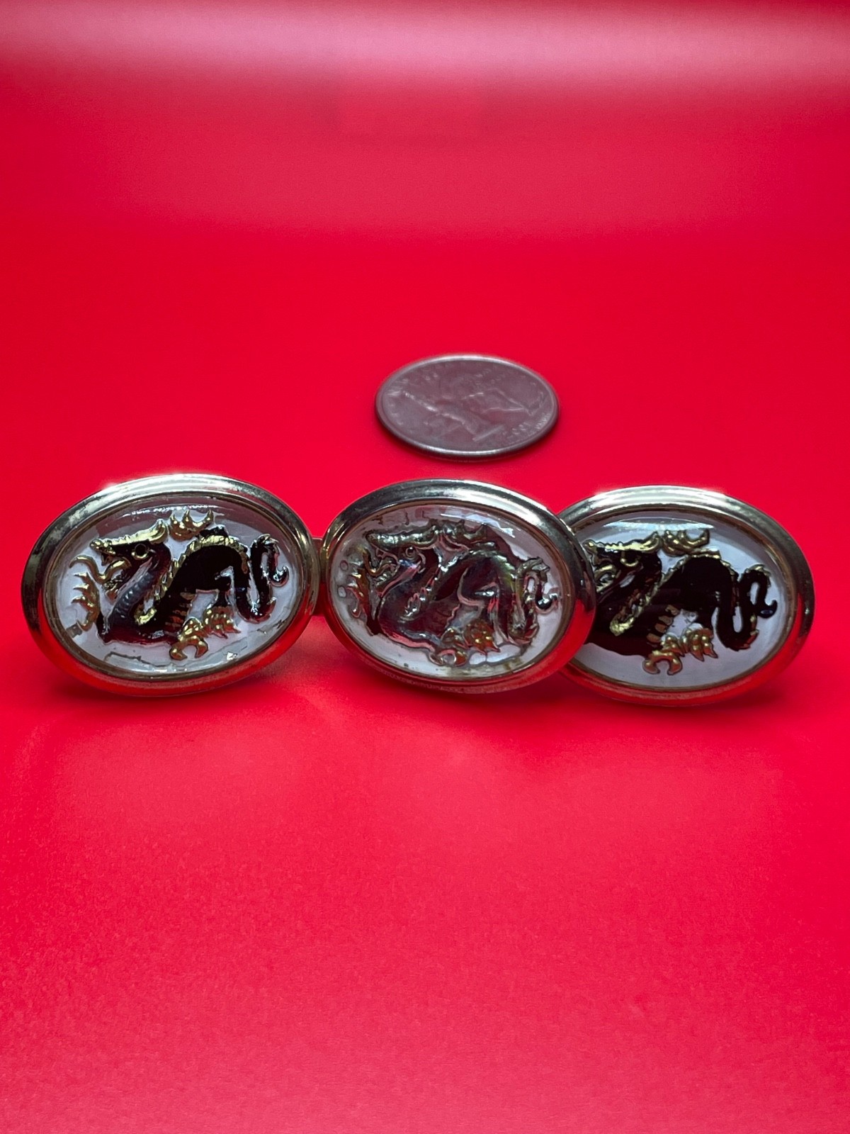 Vintage Dragon Cufflinks Tie Clip Set Reverse Painted Mid Century Intaglio
