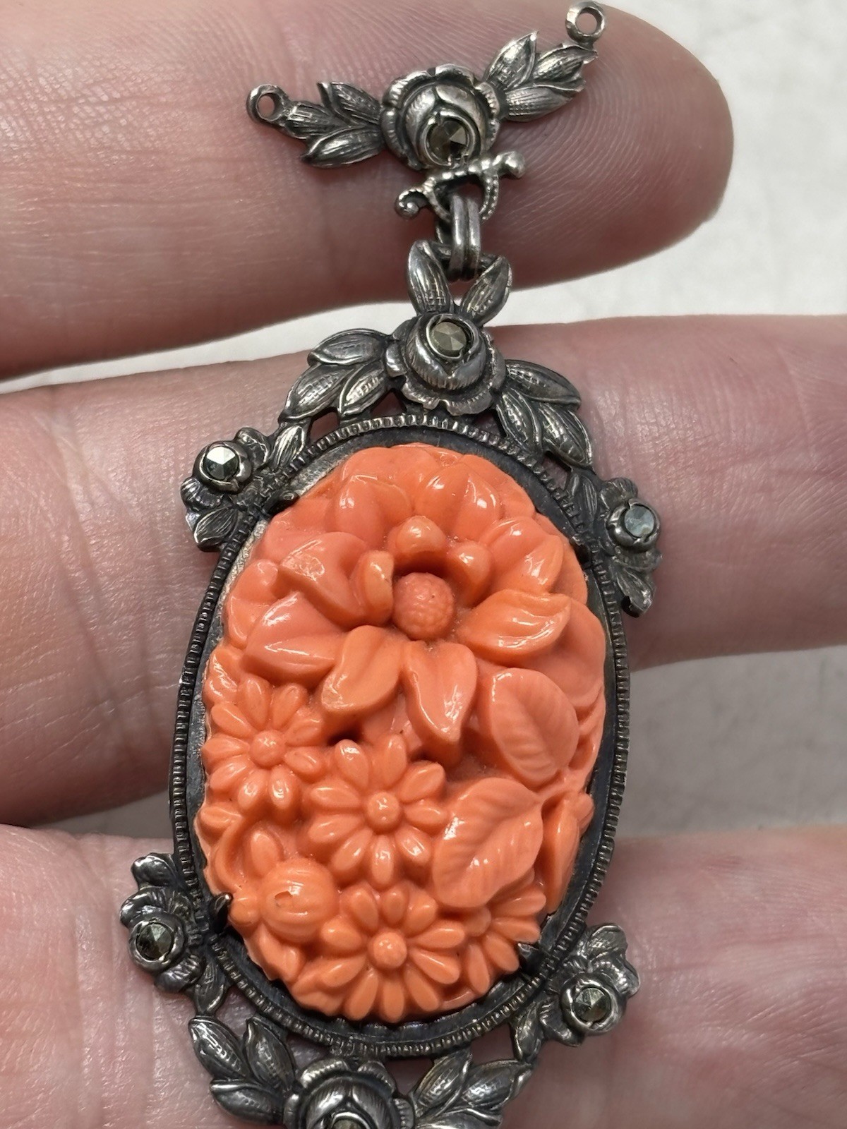 Art Deco Molded Glass Coral Marcasite Pendant Flower Design