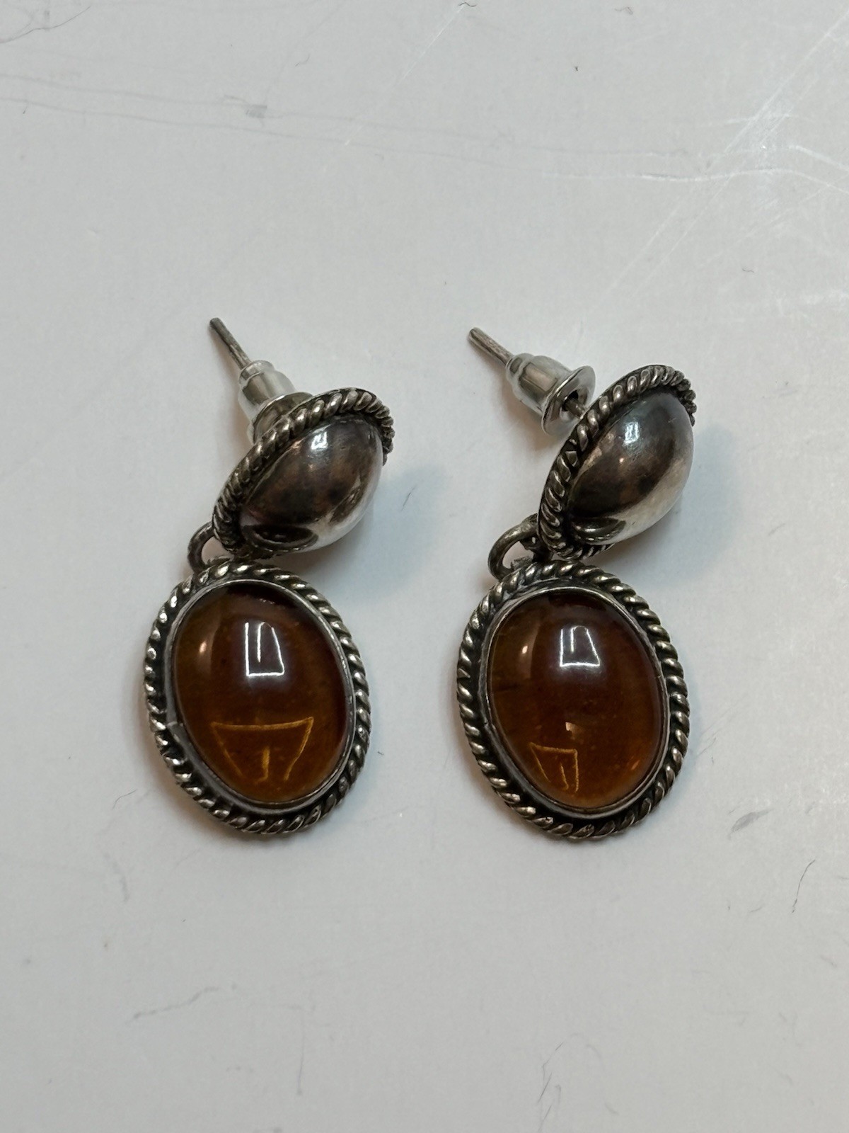 Vtg 925 Sterling Amber Cabochon 1-1/4” Dangle Drop Post Earrings Mexico 8g