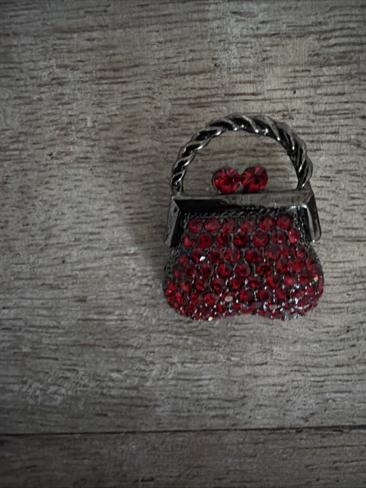 Gunmetal Silver Tone Red Rhinestone Mini Purse Small Brooch Pin Vintage 1 Inch
