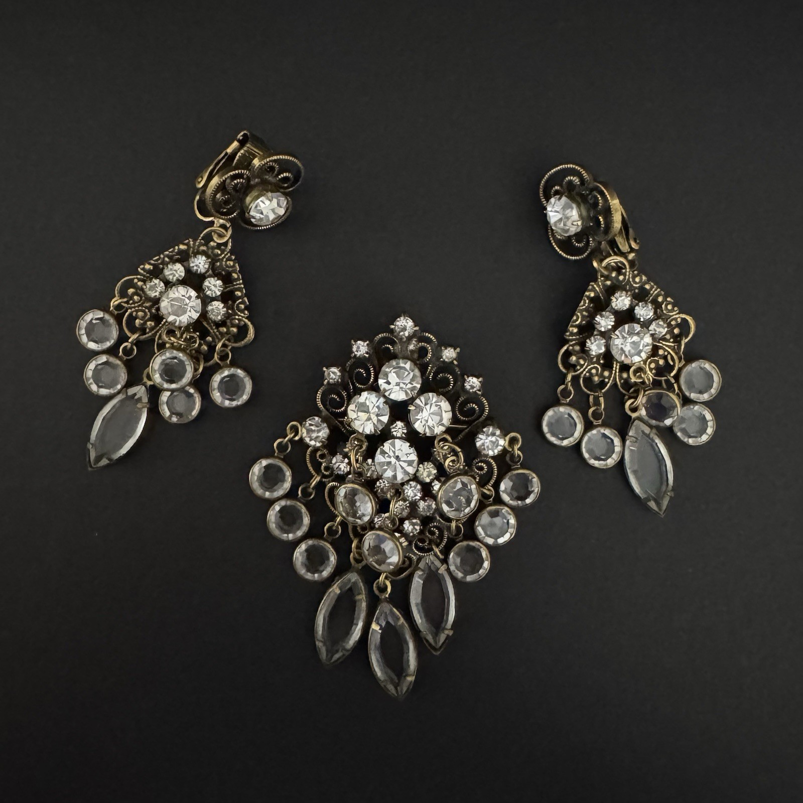 Vintage Hobé Signed Victorian Revival Filigree Brooch Pendant & Earring Set