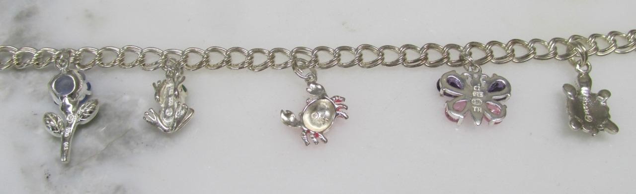 Sterling Silver Double Curb Link Bracelet w/ 5 Charms ~ 7-1/4″ ~ 15.6g ~ 3-D395