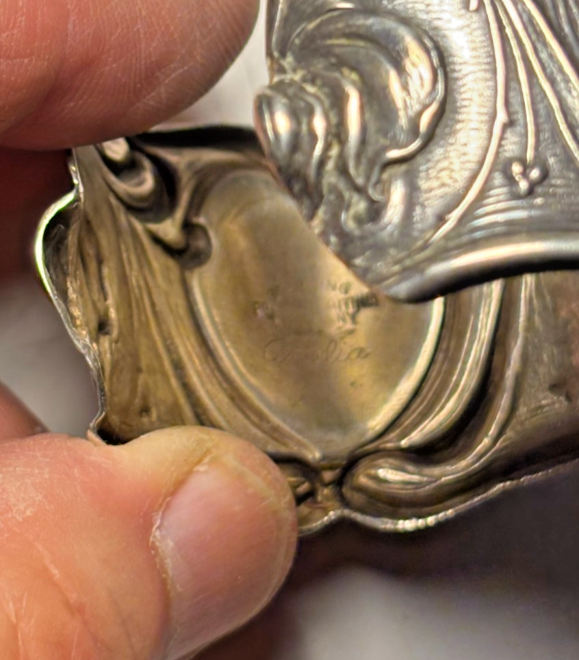 ANTIQUE FRANK WHITING, ART NOUVEAU AMELIA STERLING CUFF BRACELET EX NAPKIN RING