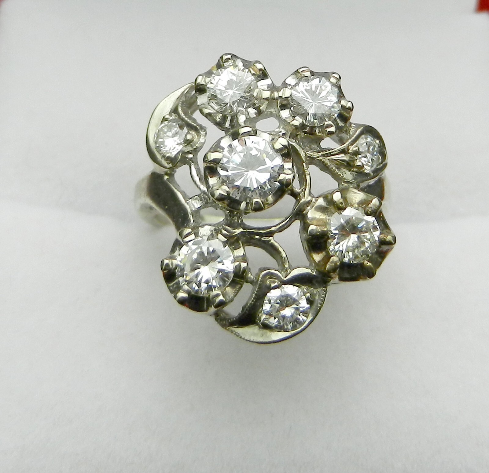 Vintage Art Deco 14k White Gold Cluster Natural Diamonds 1.25 ct Cocktail Ring
