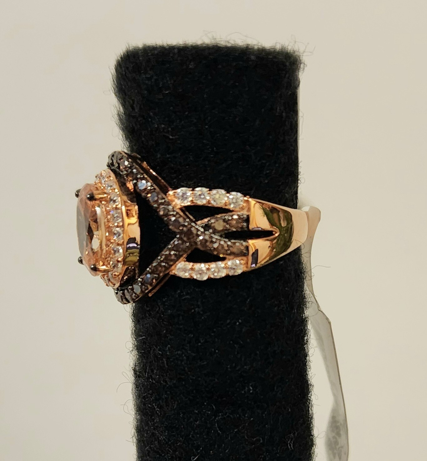 Champagne Brown & White Cubic Zirconia 18k Rose Gold, Sterling Silver Ring, Sz 5