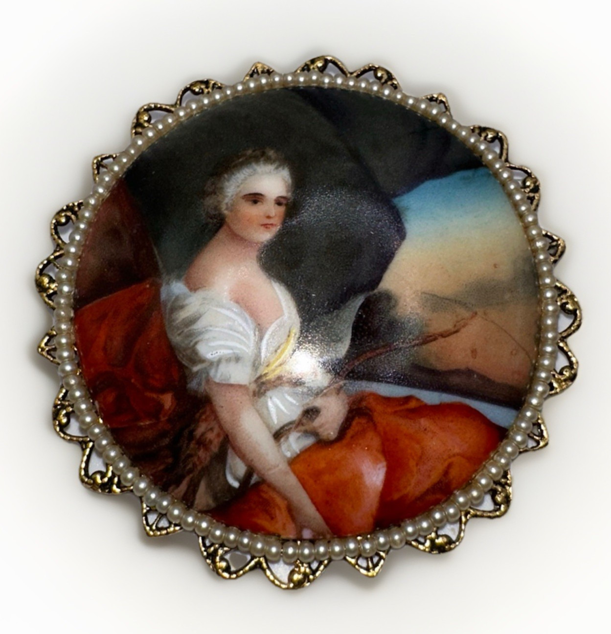 Vintage Porcelain Portrait Brooch Pendant Victorian Revival Faux Pearl Filigree