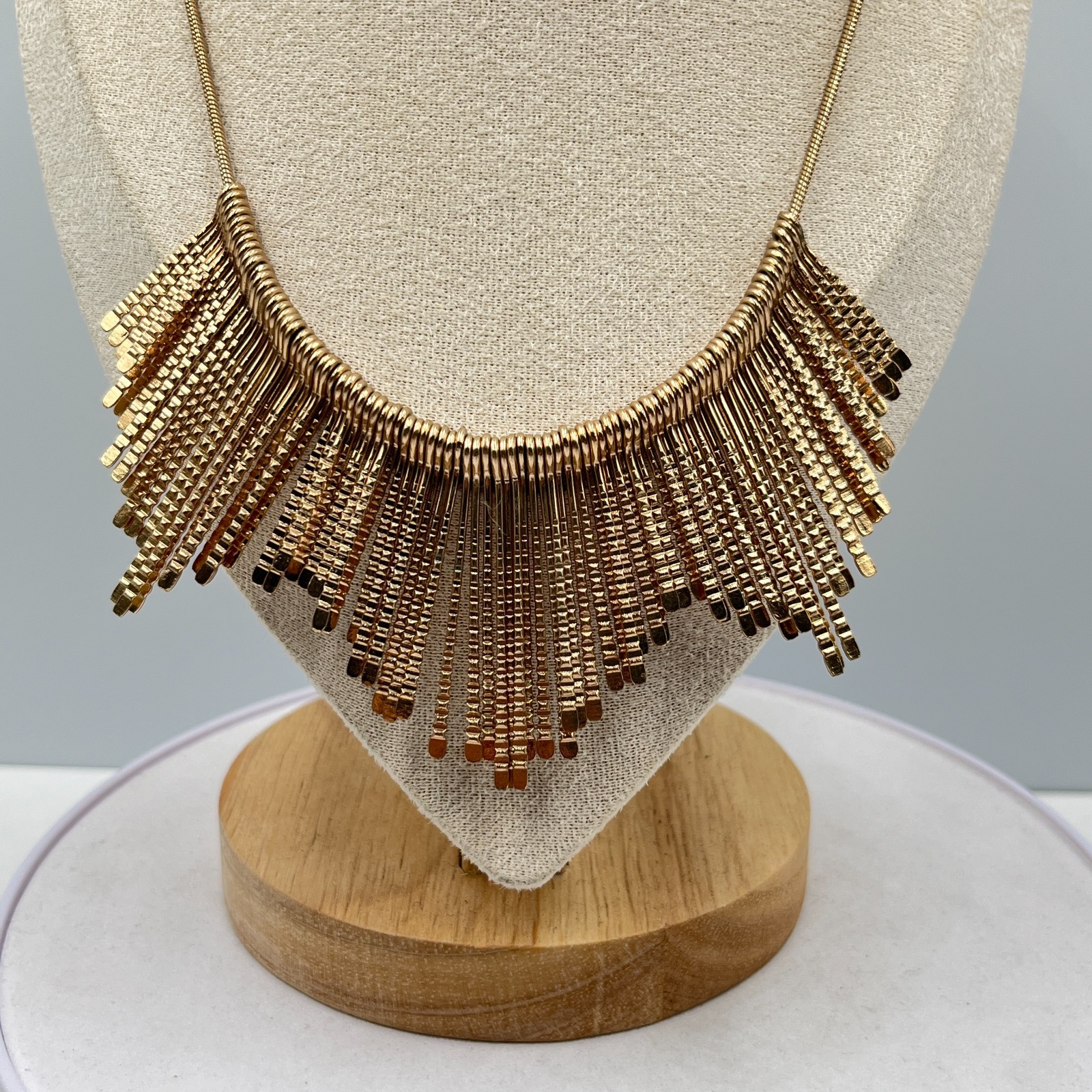 Vintage Style Gold Tone Fringe Bib Necklace, Textured Bar Drop Statement Jewelry