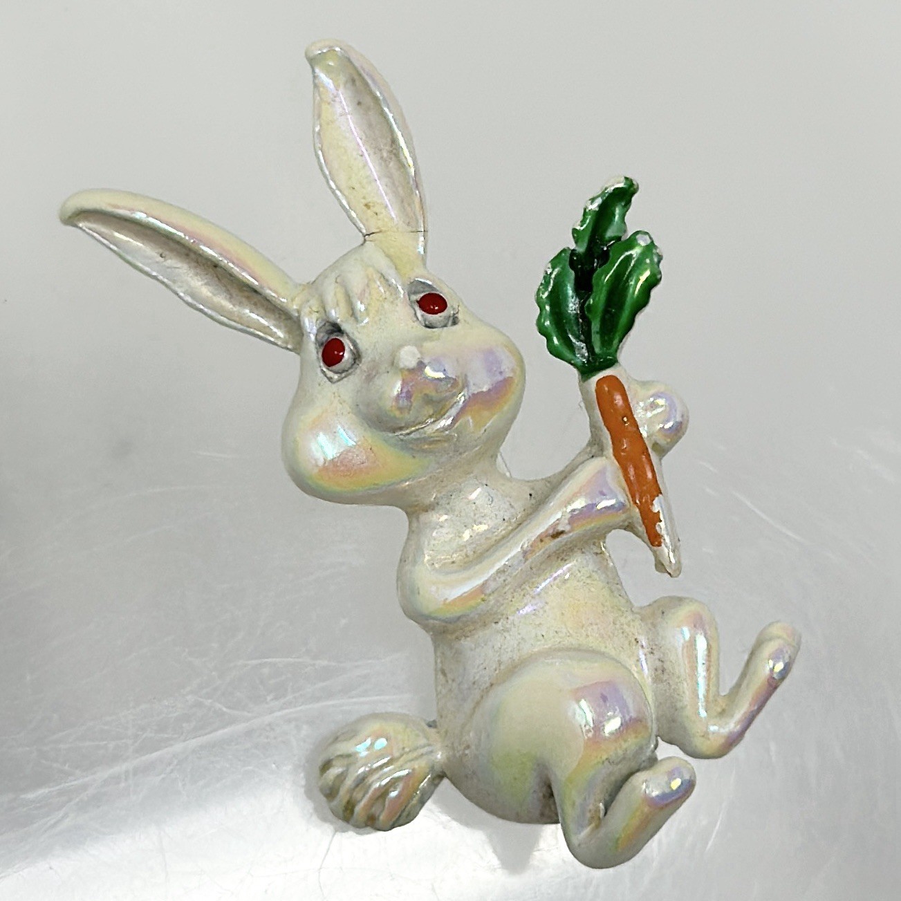 Vintage Enamel Bunny Brooch Red Eyes Carrot Figural Pin Easter Cute Retro 1.5”